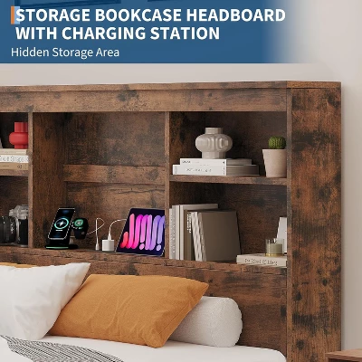 Full Size Bed Frame With High Storage Bookcase Headboard, Wood Bed Frame With 4 Storage Drawers, Built In Charging Station, Brown 5 Full Size Bed Frame With High Storage Bookcase Headboard, Wood Bed Frame With 4 Storage Drawers, Built In Charging Station, Brown - Image 5