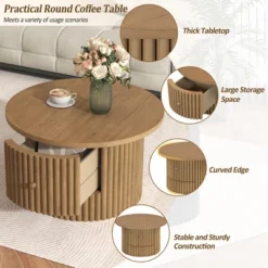 Round Coffee Table With Storage, 30.5" Wooden Center Table With Drawer, Accent Cocktail End Table For Living Room Bedroom Office -Garvee Sales GUEST 12399b29 674b 4340 b9cb 2be0eff2d549