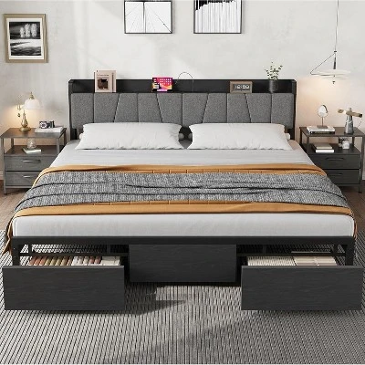 Bed Frame With Storage Headboard, Industrial Platform Bed With 2 Large Drawers And Charging Station, Black No Box Spring Needed Bed Frame 9 Bed Frame With Storage Headboard, Industrial Platform Bed With 2 Large Drawers And Charging Station, Black No Box Spring Needed Bed Frame - Image 9