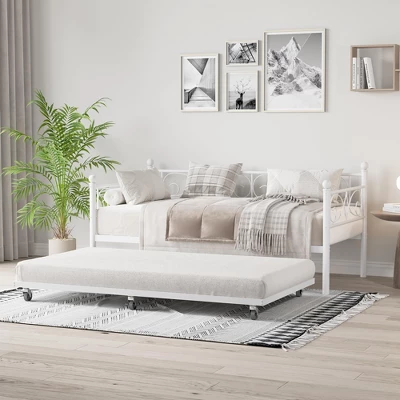 Twin Daybed With Trundle Bed, Heavy Duty Metal Twin Bed Frame With Pull Out Trundle 1 Twin Daybed With Trundle Bed, Heavy Duty Metal Twin Bed Frame With Pull Out Trundle