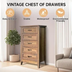 Garvee Chest Of Dresser, Vintage Wood 5 Drawer Tall Dresser Storage Organizer For Closet, Bedroom, Nursery, Living Room, Hallway, White -Garvee Sales GUEST 13028202 53a7 4821 b596 79740cf23dbe