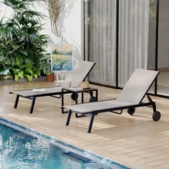 Adjustable Backrest Poolside Loungers Set Of 3, Outdoor Lounge Chairs With Wheels And Soft Padded, Patio Chaise Lounge Chairs With Side Table -Garvee Sales GUEST 133179e1 d5ff 40d8 ab82 377ec6403e11