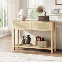 Entryway Table With Drawers, Rattan Console Table With Storage, Boho 2-Tier Sofa Table For Living Room And Hallway