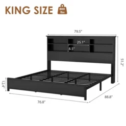King Size Bed Frame With Bookcase Headboard, King Platform Bed With 2-tier Storage & Charging Station, No Box Spring Needed Easy Assemble,Black