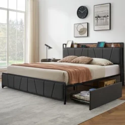Whizmax Four Size Bed Frame With 2 Storage Drawers And Charging Station, Rustic Linen Upholstered Platform Bed Frame With Storage Headboard, Gray 17 Whizmax Four Size Bed Frame With 2 Storage Drawers And Charging Station, Rustic Linen Upholstered Platform Bed Frame With Storage Headboard, Gray -Garvee Sales GUEST 1463e9d5 d204 48d8 883e bcaf18f97ed1