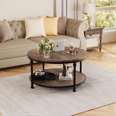 Coffee Table Round Center Table With Storage Shelf Wood Circle Coffee Table With Sturdy Metal Legs 4 Coffee Table Round Center Table With Storage Shelf Wood Circle Coffee Table With Sturdy Metal Legs - Image 4