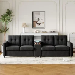 115" Faux Leather 4-Seat Sectional Sofa, Middle Table With Cup Holders, Deep Cushions, Side Organizer, For Apartment Or Small Space