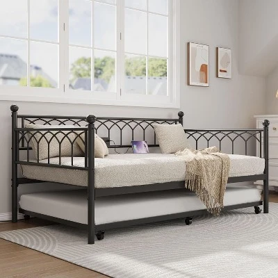 Twin Size Daybed With Pop-Up Trundle & LED Lights, Pull Out Bed With Charging Station And Pull Out Turundle, Metal Sofa Bed Frame For Living Room 9 Twin Size Daybed With Pop-Up Trundle & LED Lights, Pull Out Bed With Charging Station And Pull Out Turundle, Metal Sofa Bed Frame For Living Room - Image 9