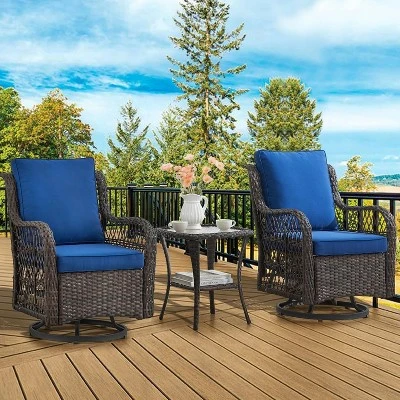 Outdoor Swivel Rocker Chairs Set 3 Piece Wicker Swivel Patio Chair With Rocking Chair, Thickened Cushions & Rattan Side Table For Balcony, Porch 9 Outdoor Swivel Rocker Chairs Set 3 Piece Wicker Swivel Patio Chair With Rocking Chair, Thickened Cushions & Rattan Side Table For Balcony, Porch - Image 9