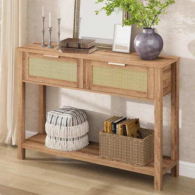 Rattan Entryway Table, Boho Console Table With Drawers, 2 Tier Sofa Table With Storage, Wooden Console Table 2 Rattan Entryway Table, Boho Console Table With Drawers, 2 Tier Sofa Table With Storage, Wooden Console Table - Image 2
