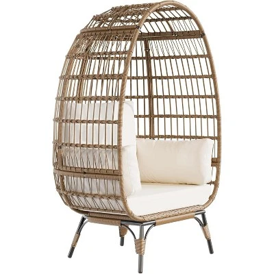 Oversize Rattan Egg Chair Outdoor Wicker Patio Lounge Chairs With Steel Frame Stand And 4 Cushions For Patio, Porch, Backyard, Living Rooms, Beige 4 Oversize Rattan Egg Chair Outdoor Wicker Patio Lounge Chairs With Steel Frame Stand And 4 Cushions For Patio, Porch, Backyard, Living Rooms, Beige - Image 4