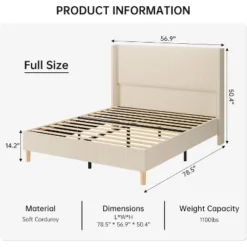 Bed Frame, Upholstered Platform Corduroy Bed Frame With Vertical Channel Tufted Wingback Headboard, Strong Wooden Slats, Easy Assembly