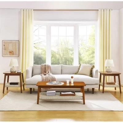 Mid-Century Coffee Table With Woven Shelf, Bohemian Rattan Coffee Table With Storage, Farmhouse Wooden Low Rectangular End Table For Living Room 3 Mid-Century Coffee Table With Woven Shelf, Bohemian Rattan Coffee Table With Storage, Farmhouse Wooden Low Rectangular End Table For Living Room - Image 3