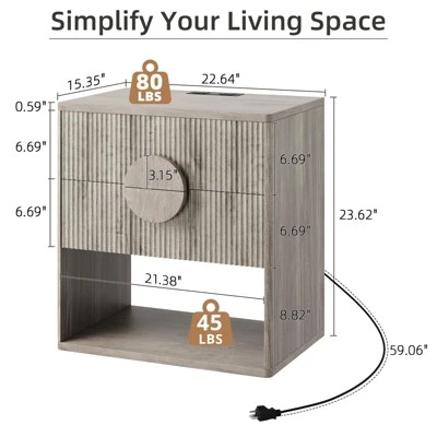 Fluted Nightstand With Charging Station - 2 Drawers + Open Shelf, Modern Wood Bedside Table For Bedroom & Living Room Storage 2 Fluted Nightstand With Charging Station - 2 Drawers + Open Shelf, Modern Wood Bedside Table For Bedroom & Living Room Storage - Image 2