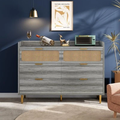 6 Drawer Double Dresser For Bedroom, Modern Chest Of Drawers With Rattan Accents, Wooden Storage Organizer For Living Room, Hallway, Entryway 2 6 Drawer Double Dresser For Bedroom, Modern Chest Of Drawers With Rattan Accents, Wooden Storage Organizer For Living Room, Hallway, Entryway - Image 2
