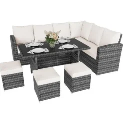 Garvee 7 Piece Outdoor Sectional Sofa With Dining Table,Patio Sectional Sofa Conversation Set All Weather Wicker Rattan Couch Dining Table & Chair -Garvee Sales GUEST 182cd0a3 09f3 4108 8565 dba35b98a35f