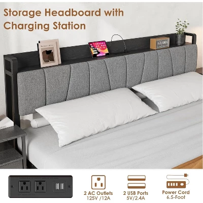Bed Frame With Storage Headboard, Industrial Platform Bed With 2 Large Drawers And Charging Station, Black No Box Spring Needed Bed Frame 3 Bed Frame With Storage Headboard, Industrial Platform Bed With 2 Large Drawers And Charging Station, Black No Box Spring Needed Bed Frame - Image 3