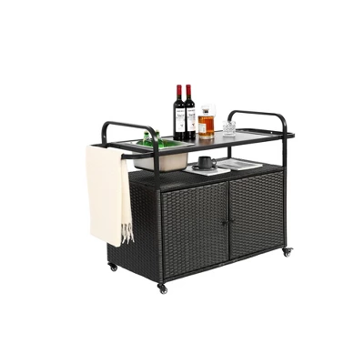 Outdoor Bar Table, Wicker Bar Cart With Cabinet, Patio Serving Cart With Steel Top, With A Ice Bucket, Lockable Wheels, Side Basket 1 Outdoor Bar Table, Wicker Bar Cart With Cabinet, Patio Serving Cart With Steel Top, With A Ice Bucket, Lockable Wheels, Side Basket