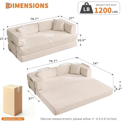 78.8'' Convertible Sleeper Floor Sofa Bed W/Pillows, 5-in-1 Corduroy Floor Couch, Folding Mattress Couch Loveseat With Fixed-Shape Frame, No Assembly 2 78.8'' Convertible Sleeper Floor Sofa Bed W/Pillows, 5-in-1 Corduroy Floor Couch, Folding Mattress Couch Loveseat With Fixed-Shape Frame, No Assembly - Image 2