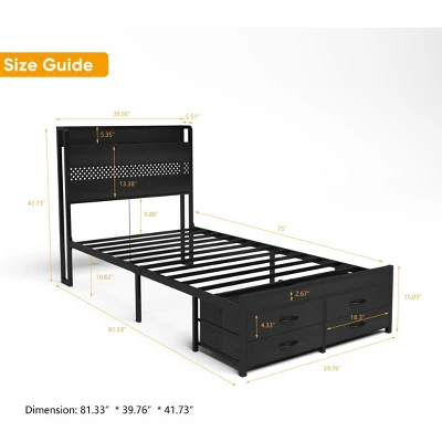 Twin Bed Frames With Headboard, Twin Size Bed Frames With Storage Drawers, Twin Bed, Metal Platform Bed Frame 3 Twin Bed Frames With Headboard, Twin Size Bed Frames With Storage Drawers, Twin Bed, Metal Platform Bed Frame - Image 3