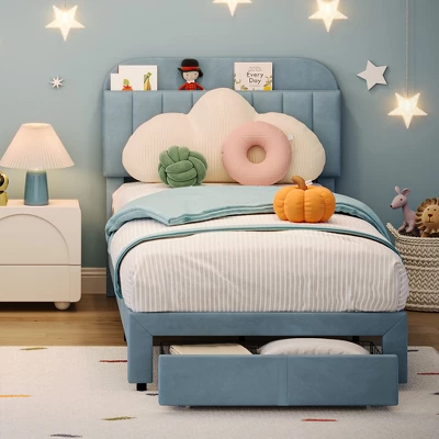 Garvee Twin Bed Frame With Drawer, Velvet Upholstered Platform Bed Frame With Storage Headboard, No Box Spring Needed, Easy Assembly 3 Garvee Twin Bed Frame With Drawer, Velvet Upholstered Platform Bed Frame With Storage Headboard, No Box Spring Needed, Easy Assembly - Image 3