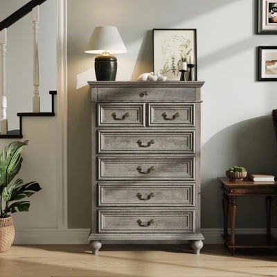 Farmhouse Tall Dresser For Bedroom With 7 Drawers, 50" Tall Large Wood Chest Of Drawers 2 Farmhouse Tall Dresser For Bedroom With 7 Drawers, 50" Tall Large Wood Chest Of Drawers - Image 2