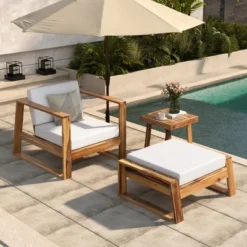 Outdoor Chaise Lounge Chair Set Of 3, Acacia Wood Conversation Set With Coffee Table, Pool Sunbathing Recliner With Ottoman For Porch Backyard -Garvee Sales GUEST 1ab7ba63 ebe8 4bb5 bb14 72bb765a7e0d