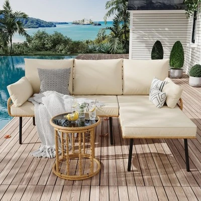 3-Piece Outdoor Sectional Sofa Set, L-Shaped Waterproof Wicker Furniture With Cushions & Glass Side Table For Porch, Pool Or Backyard 6 3-Piece Outdoor Sectional Sofa Set, L-Shaped Waterproof Wicker Furniture With Cushions & Glass Side Table For Porch, Pool Or Backyard - Image 6