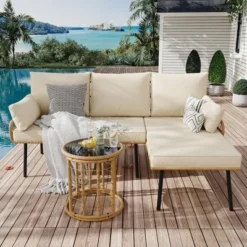 Modern 3-Piece Outdoor Sectional Couch, Wicker Patio Conversation Set With Washable Cushions, Detachable Lounger, And Round Coffee Table, Beige