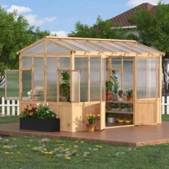 8x12 FT Wooden Greenhouse For Outdoor,Heavy Duty GreenHouse Kit With Ventilated Window And Lockable Door,Walk-in Greenhouse For Backyard, Patio, Lawn