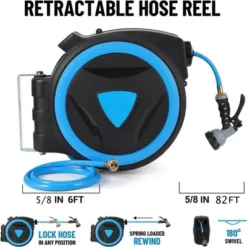 Retractable Garden Hose Reel 5/8 Inch X 82 Ft Wall Mount With 9-Pattern Nozzle