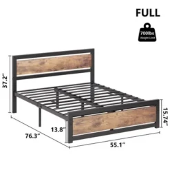Garvee Full Size Bed Frame Platform, Industrial Full Bedframe With Wooden Headboard No Box Spring Needed, 14 Inch Easy Assemble Noise Free Bed Base