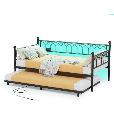Twin Size Daybed With Pop-Up Trundle & LED Lights, Pull Out Bed With Charging Station And Pull Out Turundle, Metal Sofa Bed Frame For Living Room 7 Twin Size Daybed With Pop-Up Trundle & LED Lights, Pull Out Bed With Charging Station And Pull Out Turundle, Metal Sofa Bed Frame For Living Room - Image 7