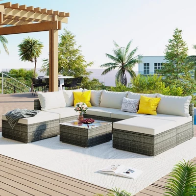 8-Pieces Patio Furniture Set, Sectional Couch With 2 Ottomans, Coffee Table, Corner Sofa, 4 Single Sofa, Anti Slip Feet, For Garden, Beige 8 8-Pieces Patio Furniture Set, Sectional Couch With 2 Ottomans, Coffee Table, Corner Sofa, 4 Single Sofa, Anti Slip Feet, For Garden, Beige - Image 8