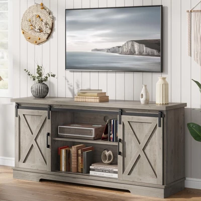 Farmhouse TV Stand Entertainment Center For 65" TVs With Sliding Barn Doors & Adjustable Shelf, Modern Media TV Console For Living Room 6 Farmhouse TV Stand Entertainment Center For 65" TVs With Sliding Barn Doors & Adjustable Shelf, Modern Media TV Console For Living Room - Image 6