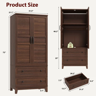 Armoire Wardrobe Closet With 2 Drawers,72" Wooden Tall Clothing Wardrobe Cabinet With Hanging Rod, Armoire With Doors Adjustable Shelves For Bedroom 5 Armoire Wardrobe Closet With 2 Drawers,72" Wooden Tall Clothing Wardrobe Cabinet With Hanging Rod, Armoire With Doors Adjustable Shelves For Bedroom - Image 5