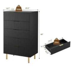 Dresser, Modern 5 Drawer Dresser For Bedroom With Gold Handle And Large Drawer, Wood Double Chest Of Drawers And Storage Organizer For Living Room