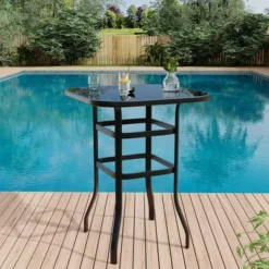 Bistro Square Patio Table - Metal Frame W/Tempered Glass Top, Outdoor Bar Height Table For Backyard, Poolside & Garden