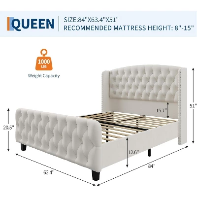 51" Tall Queen/King Size Velvet Upholstered Platform Bed Frame With Button Tufted Wingback Headboard & Footboard, No Box Spring Needed 2 51" Tall Queen/King Size Velvet Upholstered Platform Bed Frame With Button Tufted Wingback Headboard & Footboard, No Box Spring Needed - Image 2