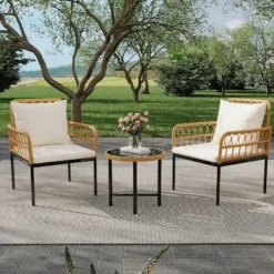 3 Piece Patio Bistro Set, Outdoor Wicker Apartment Balcony Furniture Sets, Rattan Table And Chairs Set Of 2, Beige -Garvee Sales GUEST 1d5dfede cd9b 455f a9e4 3d374be8fe82