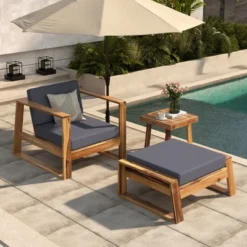 Outdoor Chaise Lounge Chair Set Of 3, Acacia Wood Conversation Set With Coffee Table, Pool Sunbathing Recliner With Ottoman For Porch Backyard -Garvee Sales GUEST 1e21221c e537 4189 beed a487cb973c36