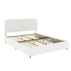 Queen Size Platform Bed With 4 Drawers Queen Upholstered Bed Frame With Curved Stitched Tufted Headboard, No Box Spring Needed, Ivory -Garvee Sales GUEST 1e271536 2b70 42ed 8434 caec97e66097