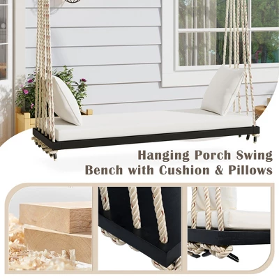 Outdoor Swing Chair With 2 Person Seating, Acacia Wood Hanging Chair Porch Swing Bench W/ Cushion, 2 Pillows & Hemp Ropes For Garden Backyard, White 1 Outdoor Swing Chair With 2 Person Seating, Acacia Wood Hanging Chair Porch Swing Bench W/ Cushion, 2 Pillows & Hemp Ropes For Garden Backyard, White