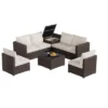 8 Pieces Outdoor Patio Furniture Set, Wicker Rattan Sectional With 4" Cushions, Glass Table & Hidden Storage Box, Brown