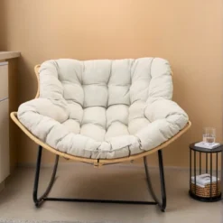 Outdoor Rocking Chair, Patio Egg Rocking Chair, Indoor Passant Chair, Rattan Wicker Lounge Chair, Modern Royal Chair For Bedroom, Living Room, Beige