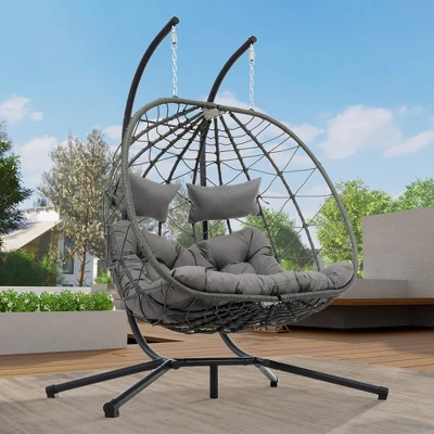 2 Persons Egg Chair With Stand, Large Rattan Wicker Swing With Headrest, Thick Cushion, Indoor Outdoor Hanging Basket Chair 6 2 Persons Egg Chair With Stand, Large Rattan Wicker Swing With Headrest, Thick Cushion, Indoor Outdoor Hanging Basket Chair - Image 6