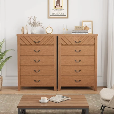 5 Drawer Dresser For Bedroom, 45.2" Tall Brown Chest Of Drawer With V Shape Design, Modern Wooden Closet Nightstand For Living Room Entryway Nursery 3 5 Drawer Dresser For Bedroom, 45.2" Tall Brown Chest Of Drawer With V Shape Design, Modern Wooden Closet Nightstand For Living Room Entryway Nursery - Image 3