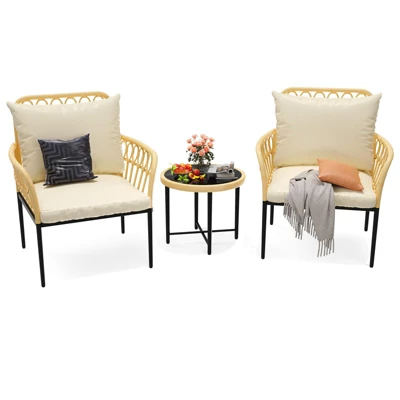 3-Piece Bistro Patio Set, All-Weather Wicker Conversation Set With Cushions & Coffee Table For Garden, Balcony, Deck, Or Poolside ¨C Beige 2 3-Piece Bistro Patio Set, All-Weather Wicker Conversation Set With Cushions & Coffee Table For Garden, Balcony, Deck, Or Poolside ¨C Beige - Image 2