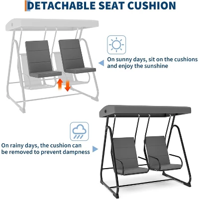 2-Person Outdoor Patio Swing Chair – Adjustable Canopy, Removable Cushions & Heavy-Duty Steel Frame (Dark Grey) 7 2-Person Outdoor Patio Swing Chair – Adjustable Canopy, Removable Cushions & Heavy-Duty Steel Frame (Dark Grey) - Image 7
