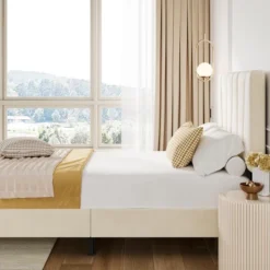 Full Size Bed Frame With Adjustable Headboard, Velvet Upholstered Tufted Twin Platform Bedframe With Strong Wooden Slats, No Box Spring Needed,White -Garvee Sales GUEST 21527627 ada1 4775 9bcf 0bcbf1cf8560